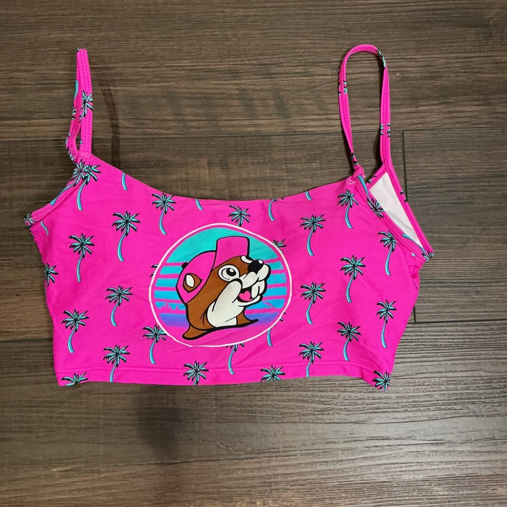 Buc-ee's Bikini Top Pink Palm Tree Retro Beaver Graphic Swim Small
